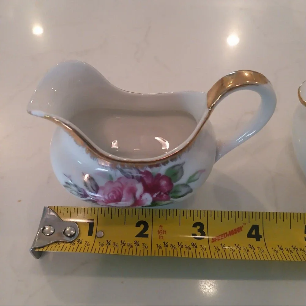 Vintage Lefton China Sugar Bowl & Creamer Hand Painted Gold Trim Tea Rose